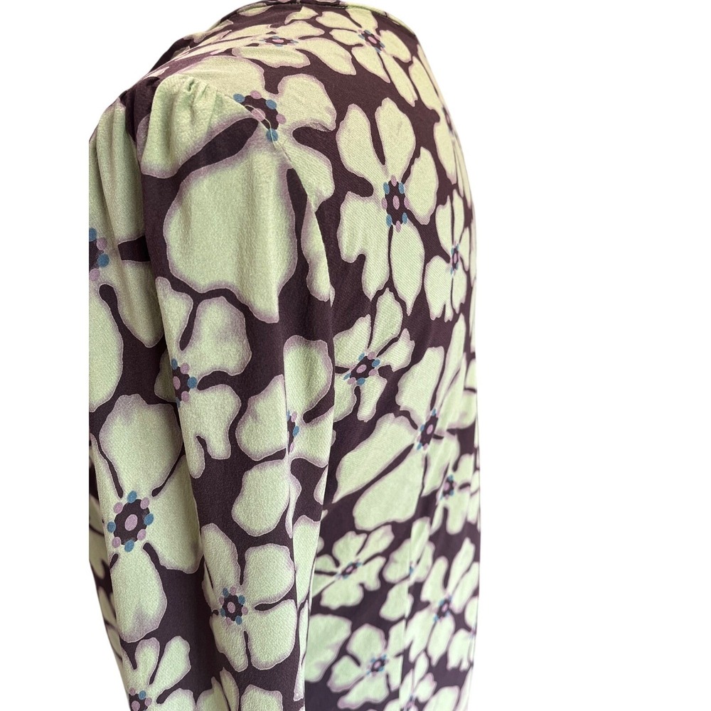 Retro Floral V-Neck Tie Front Blouse Lime Green Brown Long Sleeve Top - Picture 7 of 11